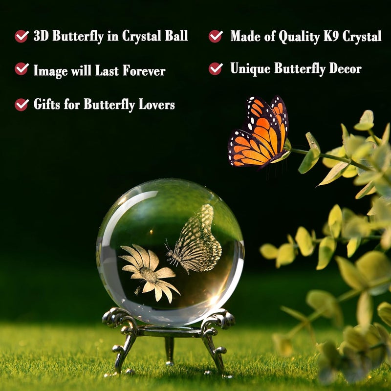 IFOLAINA 3D Butterfly Crystal Ball 60mm Gifts Ideas for Girlfriend Wife Mom Couple Her Butterfly on Sunflower in Glass Ball with Stand Flower Sphere Novelty Home Decor - Image 4